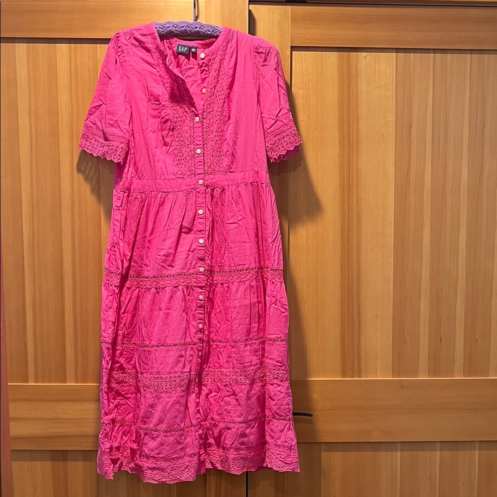 GAP Pink Lace-Trimmed Button Midi Dress